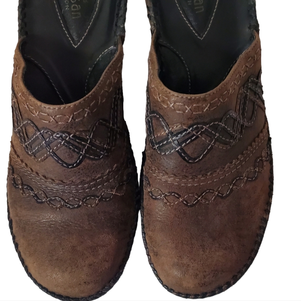 Clarks Chocolate Brown Suede Wedge Clogs w/Artisan Stitching - Picture 6 of 7